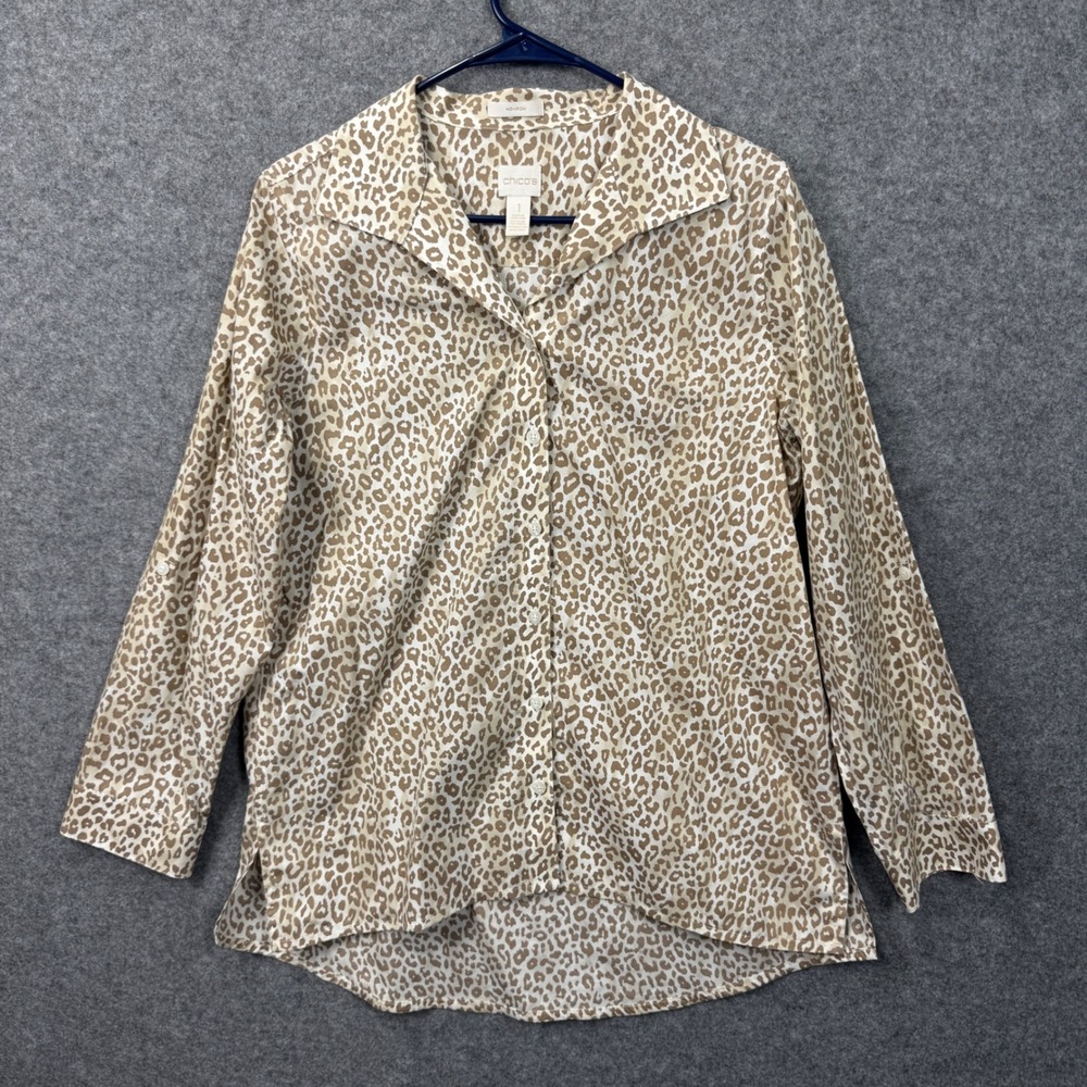 Chicos Womens No-Iron Leopard Print‎ Button Down Shirt Tan White Cotton Size 1